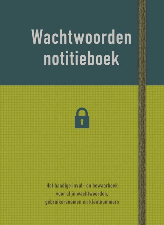Wachtwoordennotitieboek met tweekleurige groen-blauwe kaft, slot-icoon en elastische sluiting.