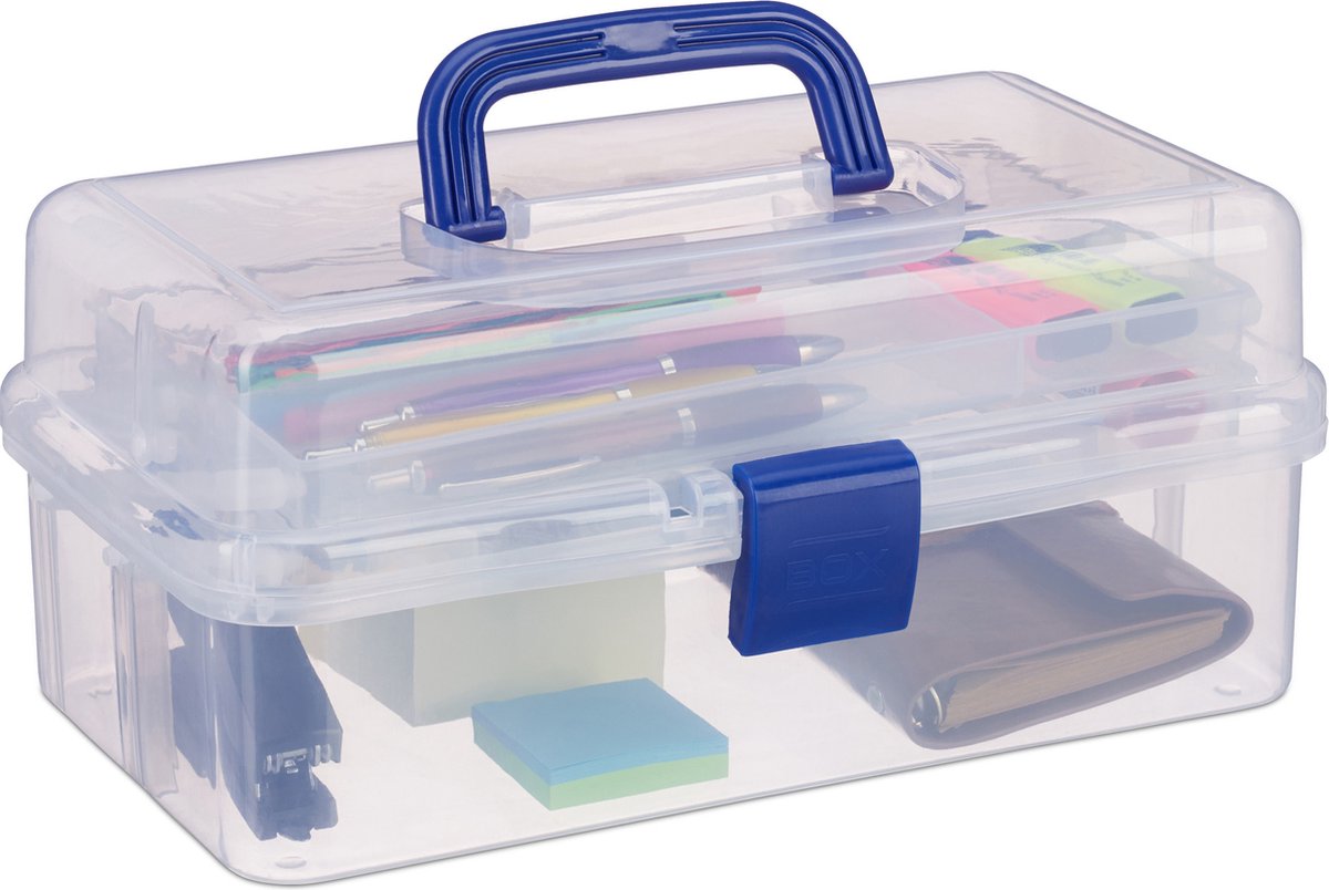 Relaxdays opbergbox met vakjes - transparante opbergdoos - 9 vakken - assortimentsdoos - blauw