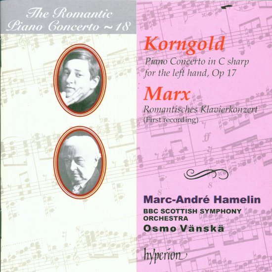 Albumhoes met portretten van twee mannen, muzieknoten en tekst over pianoconcerten van Korngold en Marx.