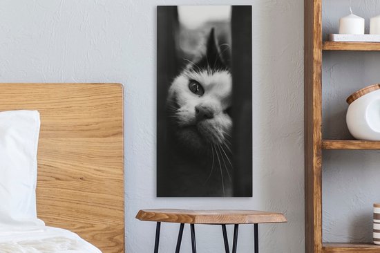 Tableau sur toile représentant un chat noir et blanc de profil - 20 x 40 cm - Décoration murale