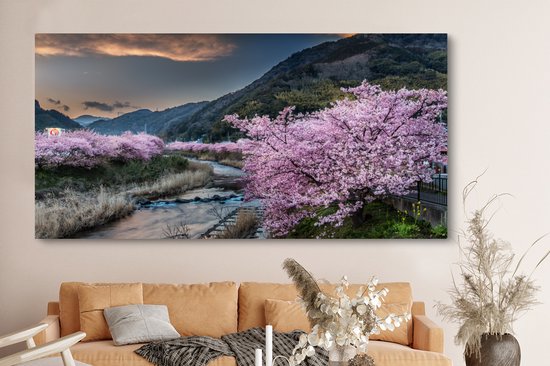 Toile Peinture Cerisier - Montagnes - Printemps - 160x80 cm - Décoration murale
