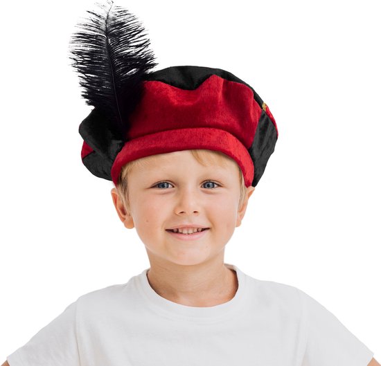 Funny Fashion Luxe pietenmuts/baret - 2x stuks - rood/zwart - voor kinderen - Pietenbaret - Sint en Piet verkleedaccessoire