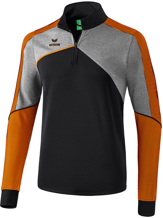 Zwart, grijs gemêleerd en neonoranje trainingsvest met rits aan de voorzijde en Erima logo.