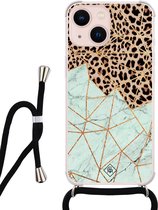 iPhone 13 hoesje met koord - Luipaard marmer mint | Apple iPhone 13 crossbody case | Zwart, Transparant | Luipaardprint