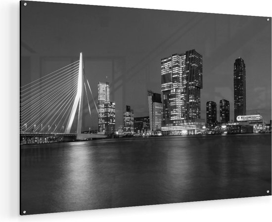 Artaza Glasschilderij - Rotterdamse Skyline - Zwart Wit - 105x70 - Plexiglas Schilderij - Foto op Glas