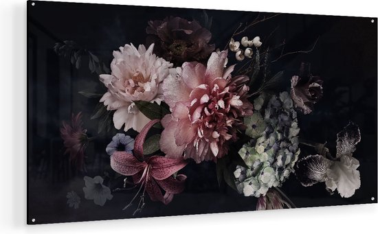 Artaza Glasschilderij - Diverse Bloemen Op Zwart Achtergrond - 120x60 - Groot - Plexiglas Schilderij - Foto op Glas