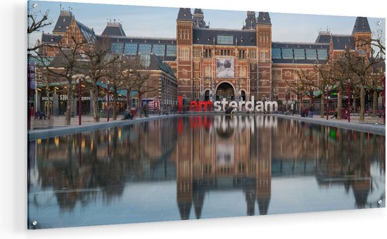 Artaza Glasschilderij - Amsterdam Rijksmuseum - I Amsterdam Tekst - 90x45 - Plexiglas Schilderij - Foto op Glas