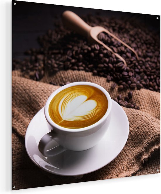 Peinture sur verre Artaza - tasse de Café dans un coeur avec des grains de Grains de café - 80 x 80 - Groot - peinture en plexiglas - Photo sur Glas