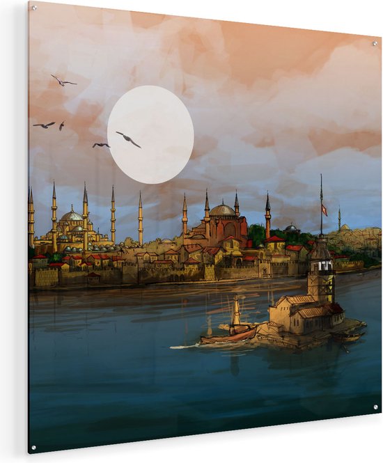 Artaza Glasschilderij - Illustratie Van De Maiden's Tower In Istanbul - Plexiglas Schilderij - Foto op Glas