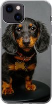 Geschikt voor iPhone 13 hoesje - Studio foto van teckel puppy - Siliconen Telefoonhoesje