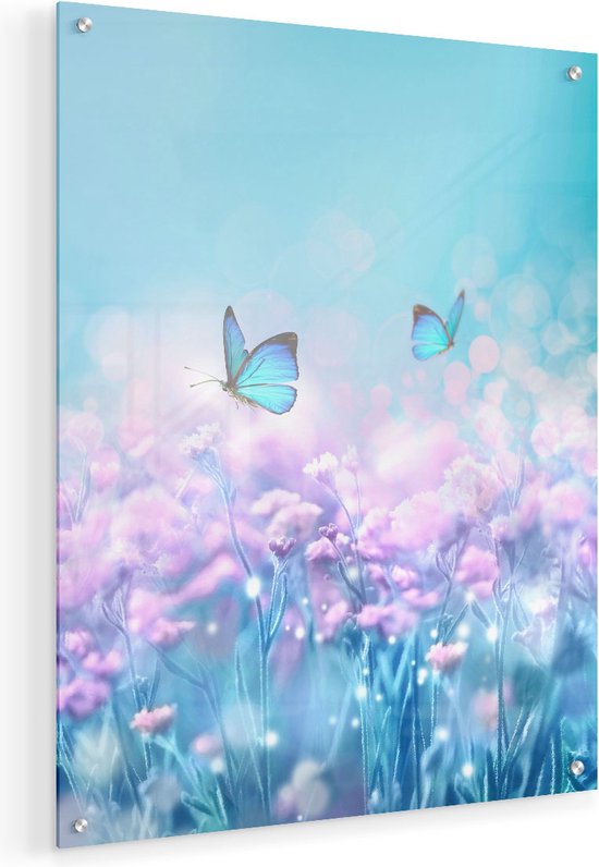 Artaza Glasschilderij - Twee Blauwe Vlinders Bij Roze Bloemen - 40x50 - Plexiglas Schilderij - Foto op Glas