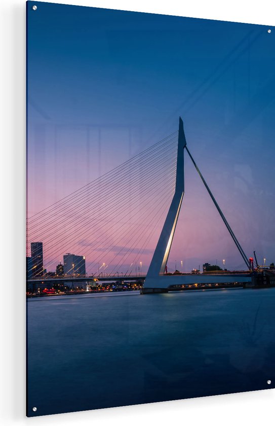 Artaza Glasschilderij - Erasmusbrug In Rotterdam Met Zonsondergang - 60x80 - Plexiglas Schilderij - Foto op Glas