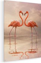 Artaza Glasschilderij - Twee Flamingo's in een Hartjes Vorm  - 45x60 - Plexiglas Schilderij - Foto op Glas