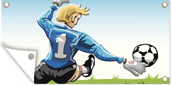 Tuinposter Een illustratie van een keeper die de voetbal stopt - Jongens - Meisjes - Kinderen - 60x30 cm - Tuindoek - Buitenposter