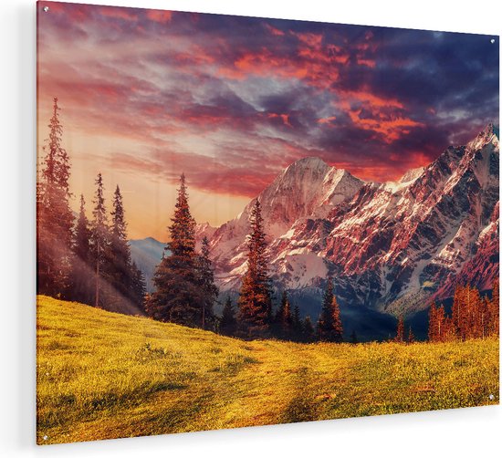 Artaza Glasschilderij - Alpen Landschap Met Een Kleurrijke Hemel - 120x90 - Groot - Plexiglas Schilderij - Foto op Glas