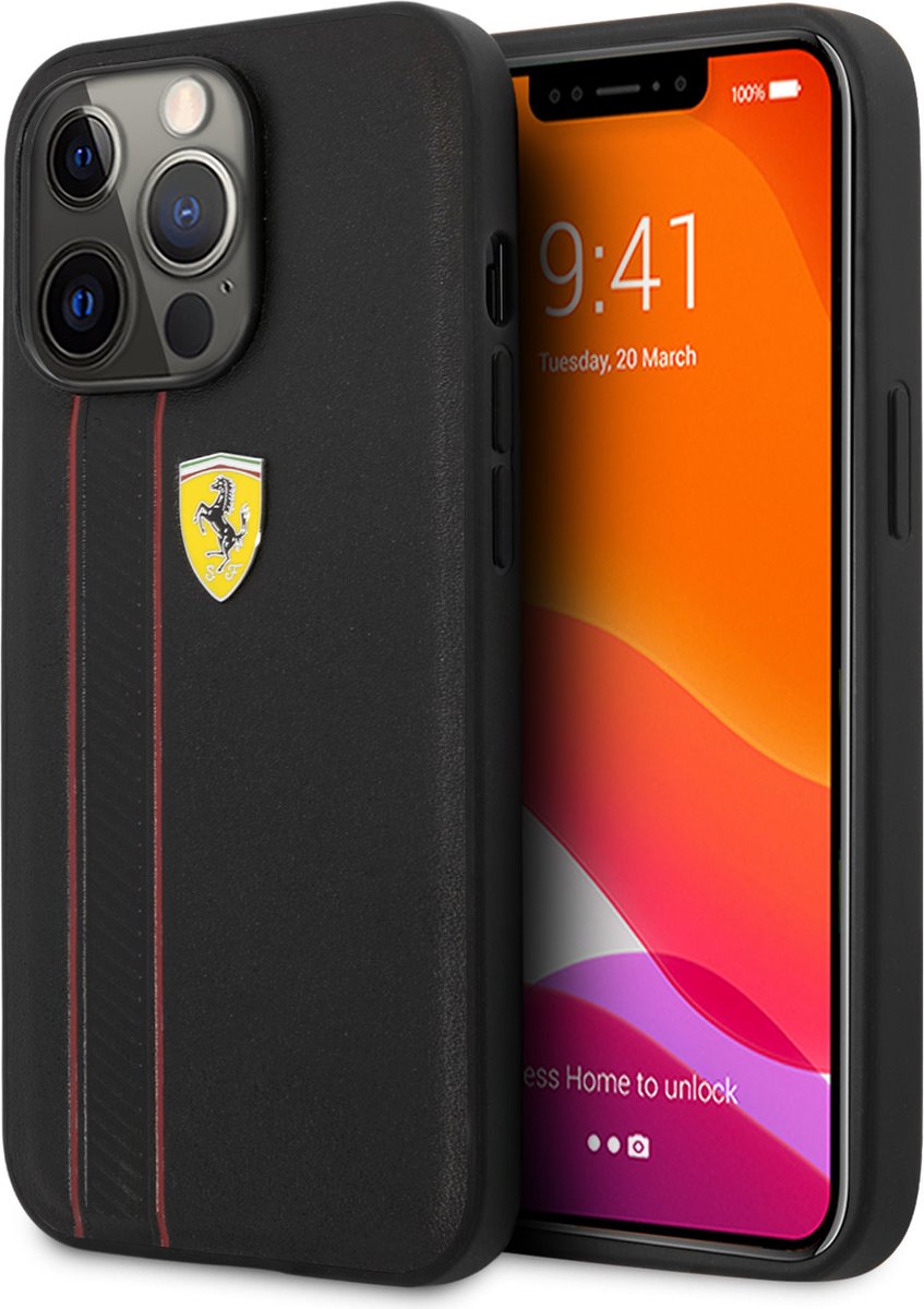 Ferrari iPhone 13 Pro Zwart Leather Back Cover - Bescherm je Telefoon & Stijl je Look!