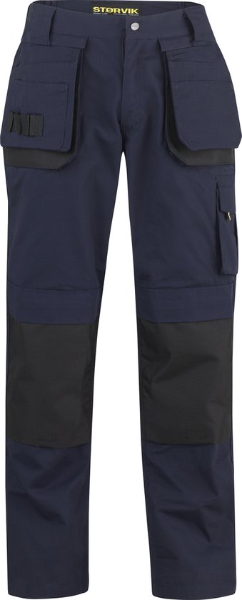 Pantalon de travail bleu foncé avec diverses poches plaquées et détails noirs.
