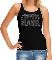 Glitter Super Mama tanktop zwart met steentjes/ rhinestones voor dames - Moederdag cadeaus - Glitter kleding/ foute party outfit S