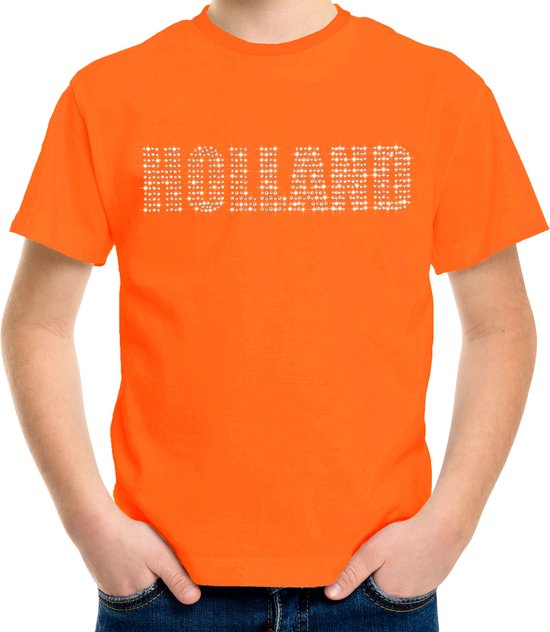 Glitter Holland t-shirt oranje met steentjes/rhinestones voor kinderen - Oranje fan shirts - Holland / Nederland supporter - EK/ WK shirt / outfit L