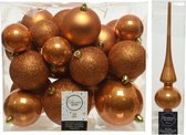 Kerstversiering kunststof kerstballen cognac bruin 6-8-10 cm pakket van 27x stuks - Met glans glazen piek van 26 cm