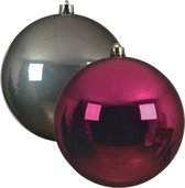 Kerstversieringen set van 6x grote kunststof kerstballen antraciet en framboos 14 cm glans - 3x per kleur