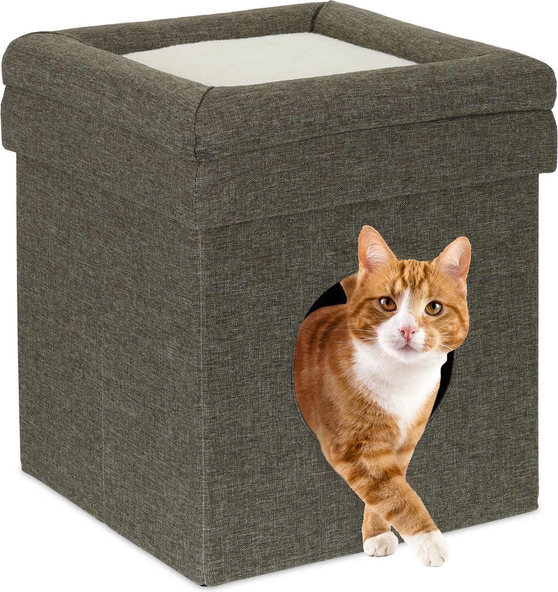 Relaxdays kattenmand poef, opvouwbaar, HxBxD: 44 x 40 x 40 cm, kussen, deksel, zacht kattenhuis, poezenmand, bruin-wit