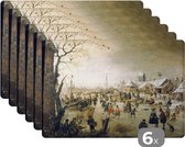 Placemat - Placemats kunststof - Winterlandschap met schaatsers - schilderij van Hendrick Avercamp - 45x30 cm - 6 stuks - Hittebestendig - Anti-Slip - Onderlegger - Afneembaar
