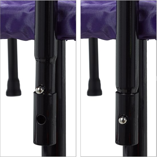 Detailopname van de verstelbare stang en pootbevestiging van een paarse fitness trampoline.