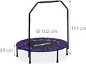Paarse fitness trampoline met stang, afmetingen 113cm hoog, 102cm diameter.