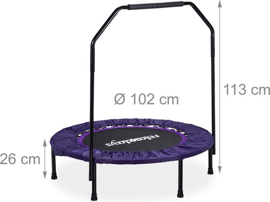 Paarse fitness trampoline met stang, afmetingen 113cm hoog, 102cm diameter.