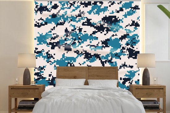 Behang - Fotobehang Blauw wit camouflage patroon - Breedte 280 cm x hoogte 280 cm | bol.com