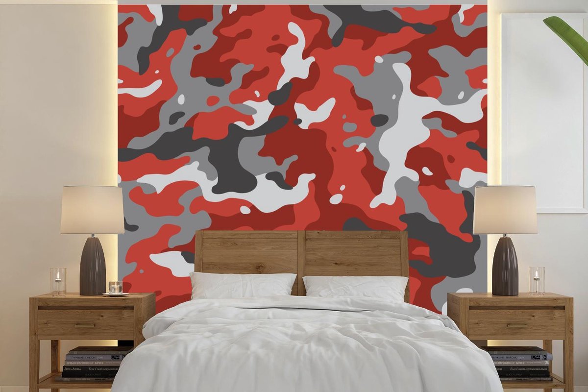 - Fotobehang Rood met grijs camouflage patroon - cm x hoogte cm | bol.com