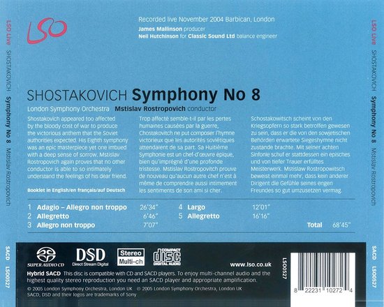 Achterkant cd-hoes LSO Live met Shostakovich Symfonie Nr. 8, Mstislav Rostropovich, London Symphony Orchestra, tracklijst en beschrijvingen in meerdere talen.