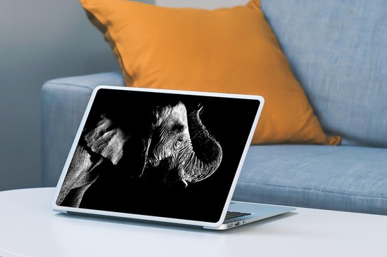 Sticker pour ordinateur portable - 10,1 pouces - Éléphant avec sa trompe relevée sur fond noir - noir et blanc - 25x18cm - Autocollants pour ordinateur portable - Skin pour ordinateur portable - Housse