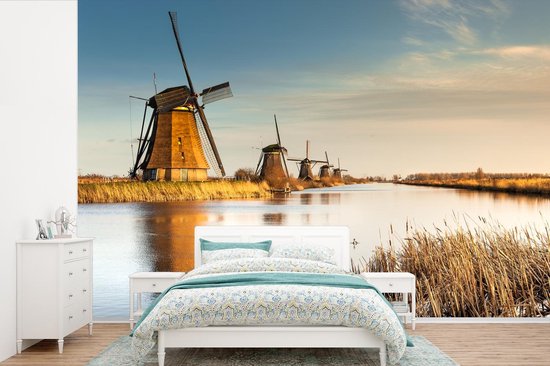 Papier peint - Papier peint photo murale Moulins à vent de Kinderdijk au coucher du soleil aux Pays- Nederland - Largeur 525 cm x hauteur 350 cm