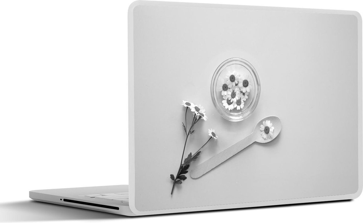 Afbeelding van product SleevesAndCases  Laptop sticker - 14 inch - Kamillebloemen tegen lichtblauwe achtergrond - zwart wit