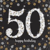 32x stuks 50 jaar verjaardag feest servetten zwart met confetti print 33 x 33 cm - Wegwerp servetjes