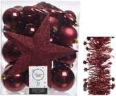 Kerstversiering kunststof kerstballen 5-6-8 cm met ster piek en sterren slingers pakket donkerrood 35x stuks - Kerstboomversiering