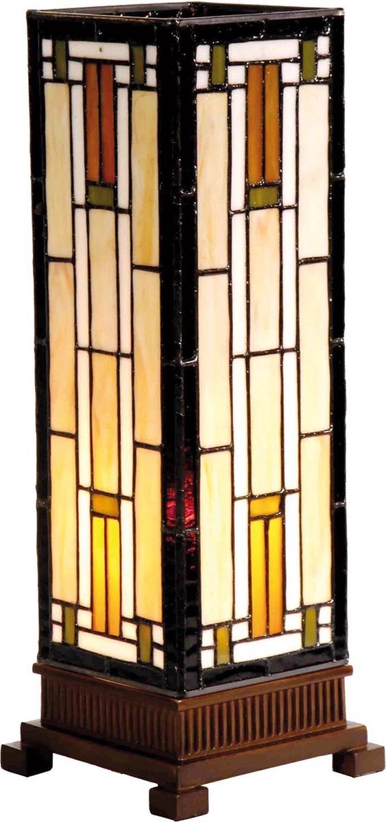 Tiffany Tafellamp 12*12*35 cm E14/max 1*25W Beige, Bruin Glas in lood Rechthoek Art Deco Tiffany Bureaulamp Tiffany Lampen