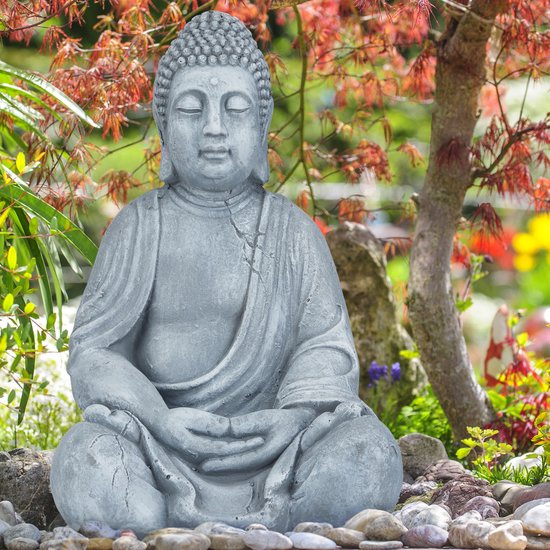 relaxdays statue de Bouddha - hauteur 50 cm - décoration de jardin - statue de jardin - statue de Bouddha - assise Gris clair