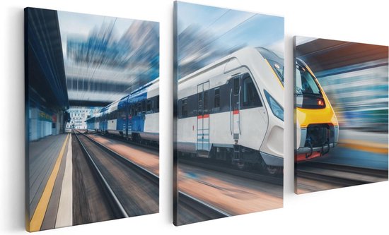 Artaza Canvas Schilderij Drieluik Trein bij het Station - 120x60 - Foto Op Canvas - Canvas Print