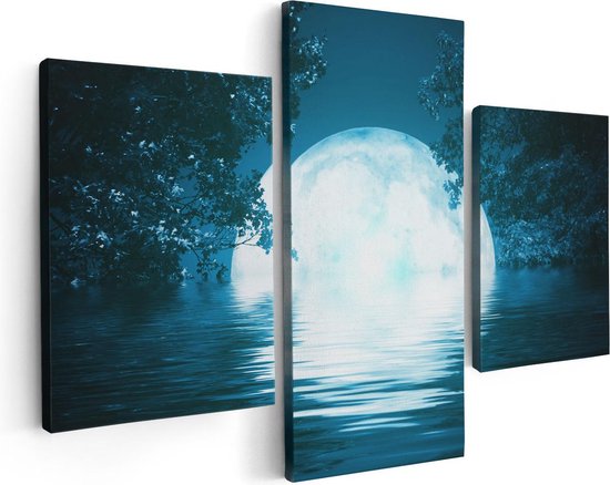 Artaza Canvas Schilderij Drieluik Volle Maan in het Water - 90x60 - Foto Op Canvas - Canvas Print