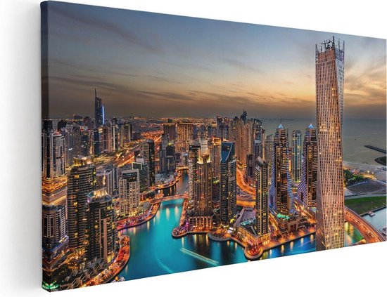 Artaza Canvas Schilderij Dubai Haven met de Stad - 100x50 - Groot - Foto Op Canvas - Canvas Print