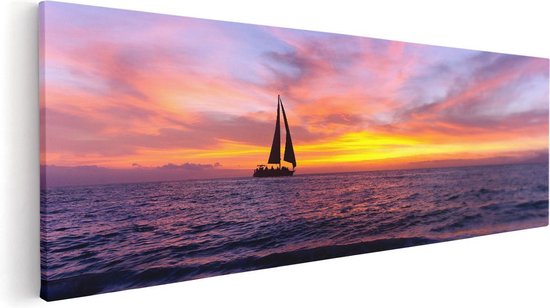 Artaza Canvas Schilderij Zeilboot Silhouet bij Zonsondergang - 90x30 - Foto Op Canvas - Canvas Print