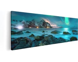 Artaza Canvas Schilderij Noorderlicht boven het Water bij Rotsen - 90x30 cm - Wanddecoratie Woonkamer - Schilderijen - Muurdecoratie