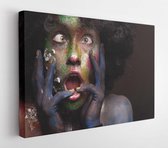 Canvas schilderij - Woman portrait with afro hair style. Face art and body art. Fantasy painted girl smiling. Bright green and violet make up  -     243472498 - 115*75 Horizontal