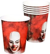 Thema feest papieren bekertjes horror clown 18x stuks 250 ml - Halloween tafeldecoratie/wegwerp servies - wegwerpbekertjes