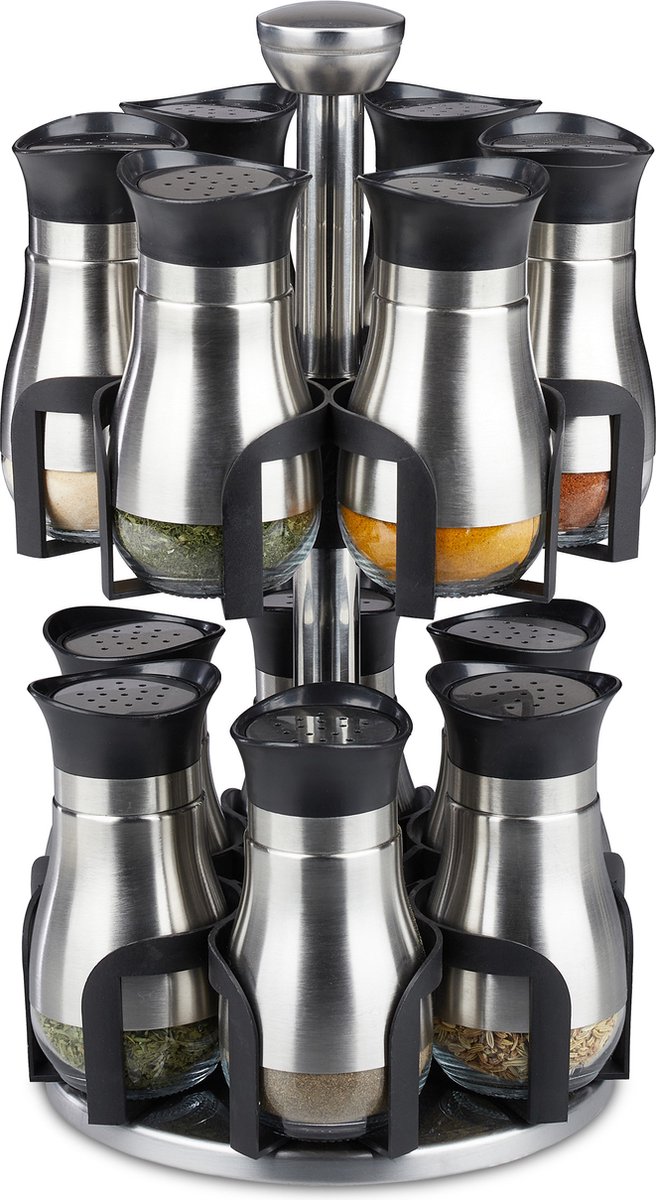 Relaxdays kruidenrek met 20 glazen potjes, rvs, draaibaar, met