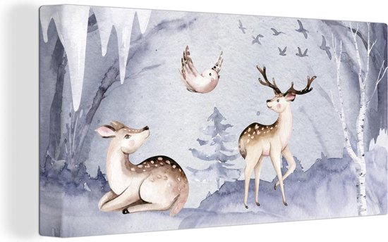 Canvas Schilderij Winter - Hert - Vogel - 40x20 cm - Wanddecoratie