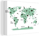 Canvas Wereldkaart - 80x60 - Wanddecoratie Wereldkaart kinderen - Dieren - Turquoise